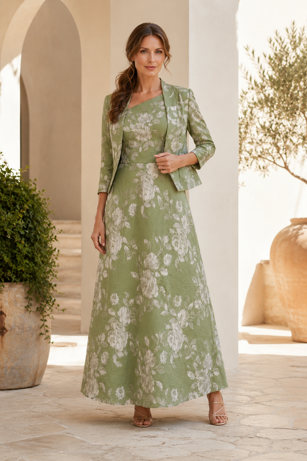 Maxikleid mit Blumen-Jacquard im A-Linien-Schnitt und verkürzter Jacke im Set