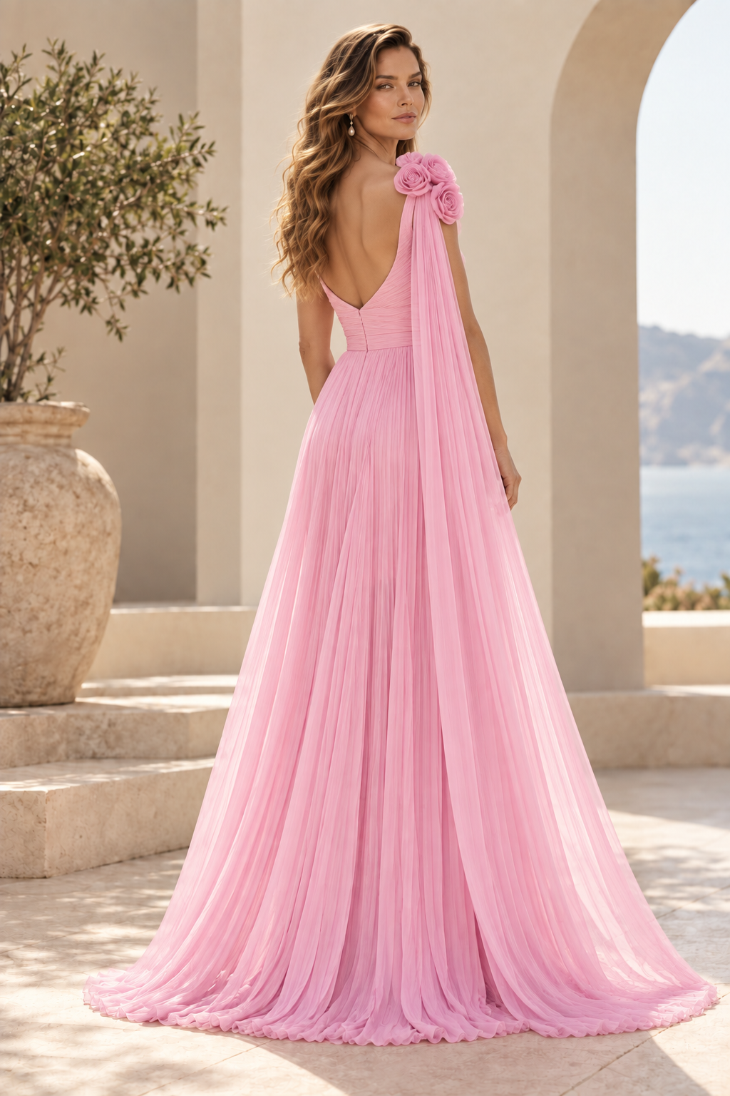 One-Shoulder Pleated Maxi Dress with Rosette Cape