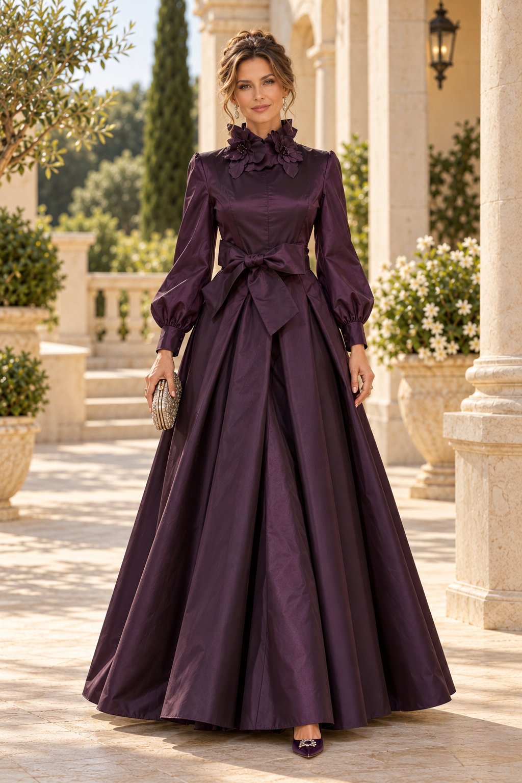 High Neck A-Line Gown with Floral Collar & Bow
