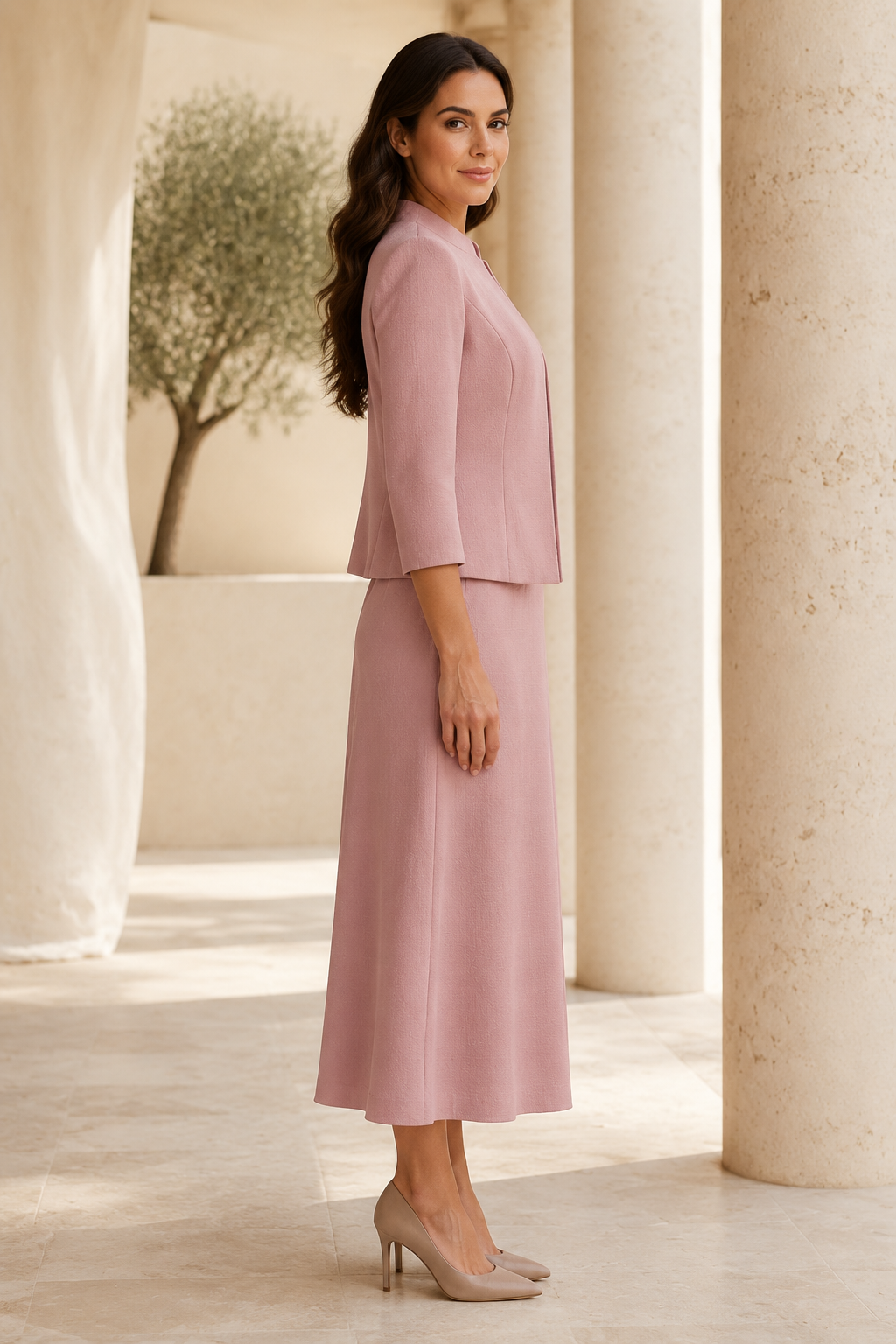 Zweiteiliges A-Linien-Midikleid mit 3/4-Arm-Jacke