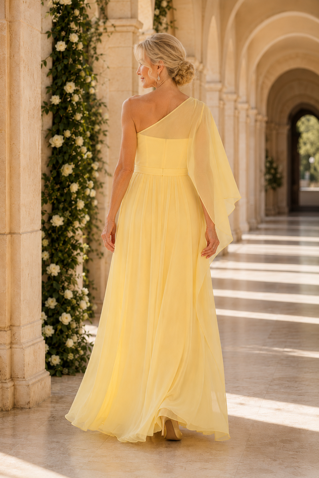 Ein-Schulter-Cape A-Linien Chiffonkleid mit Blumenmuster