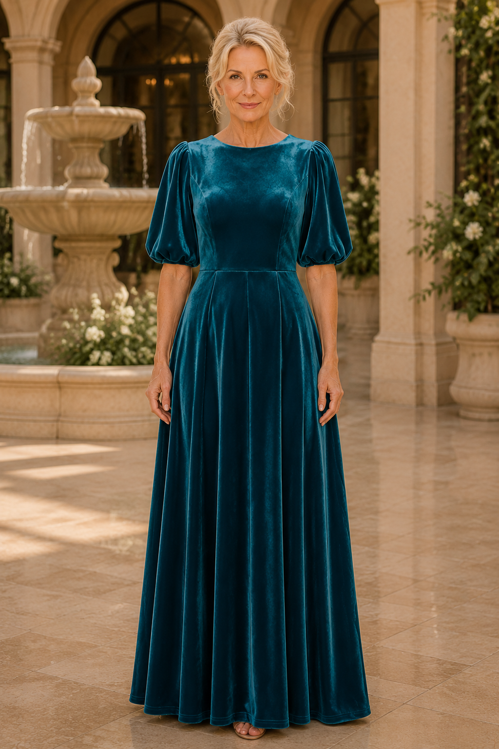 Samt-Maxikleid mit Puffärmeln in A-Linie