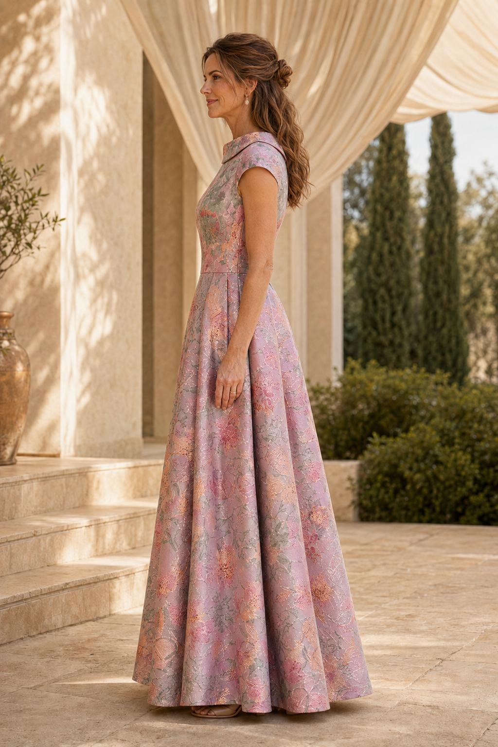 Geblümtes Jacquard A-Linien-Kleid mit Kappärmeln und Falten