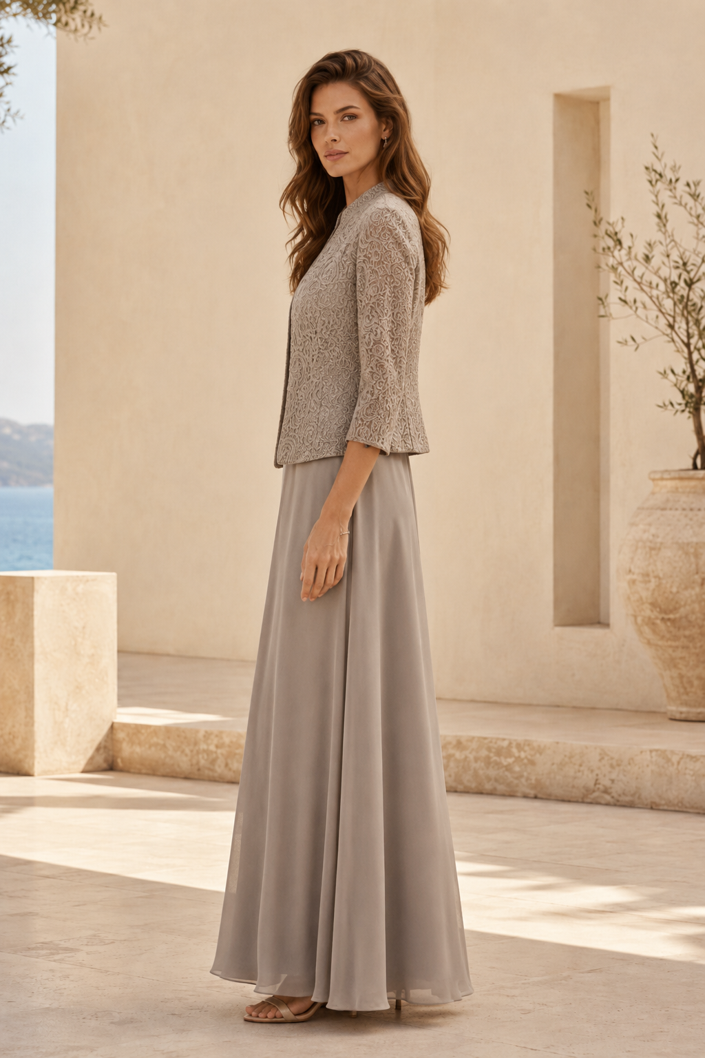 Spitzenjacke & Chiffon A-Linie Abendkleid