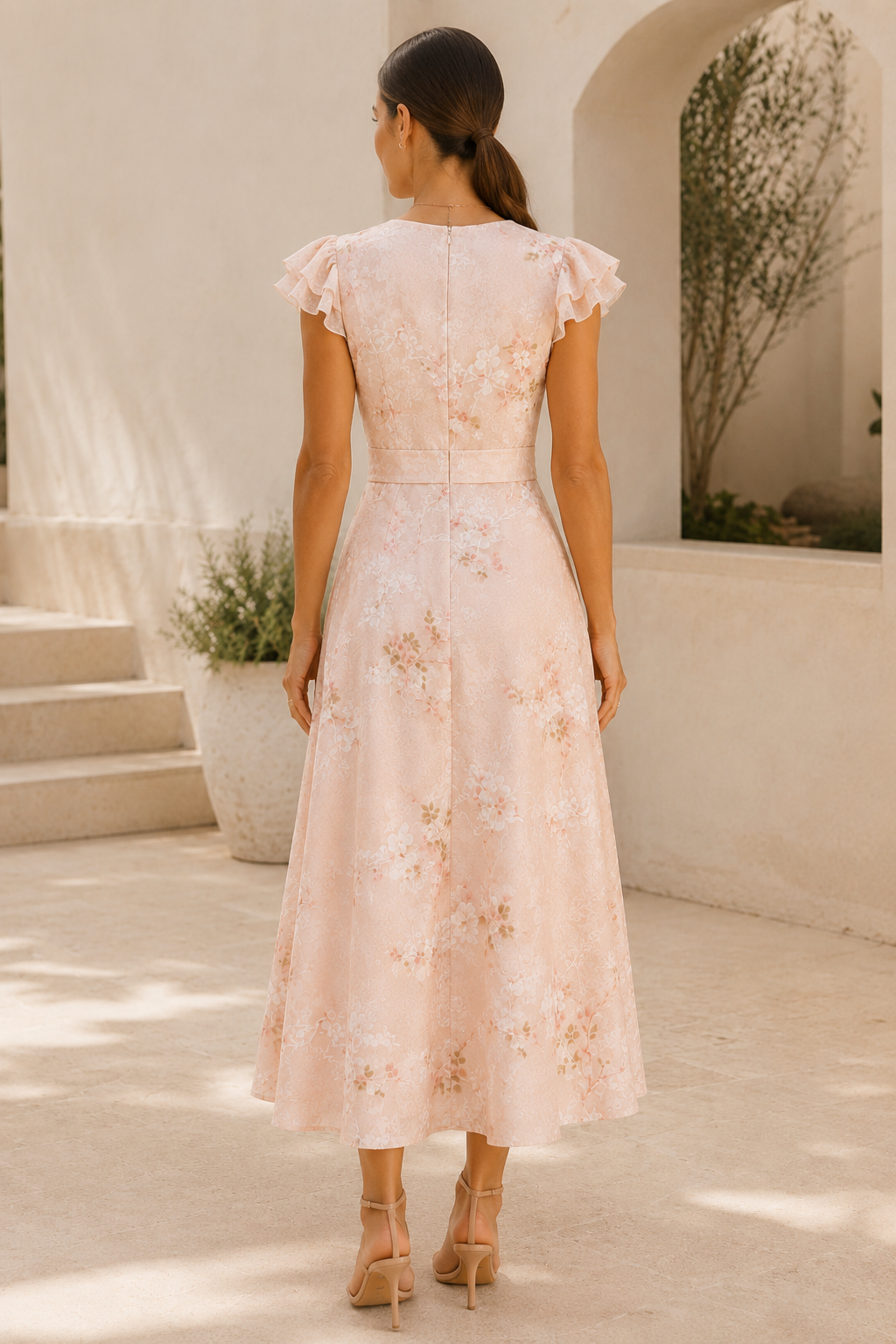 Geblümtes V-Ausschnitt Midikleid mit Volantärmeln