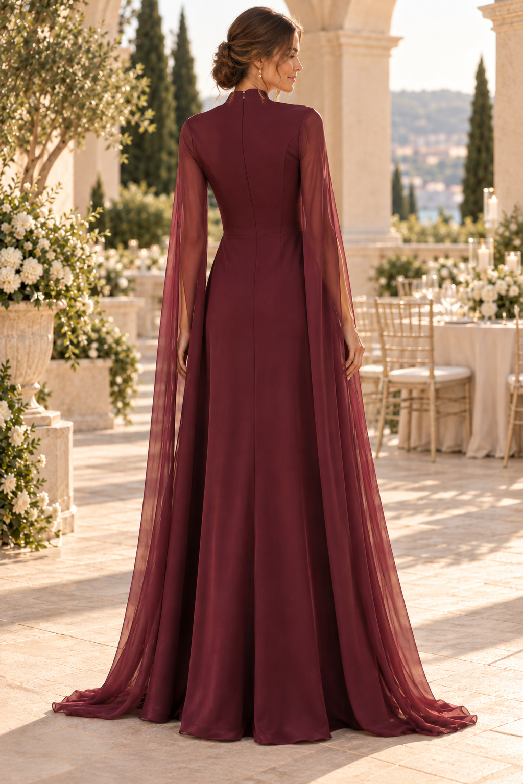 A-Line Gown with Cut-Out Neckline & Cape Sleeves
