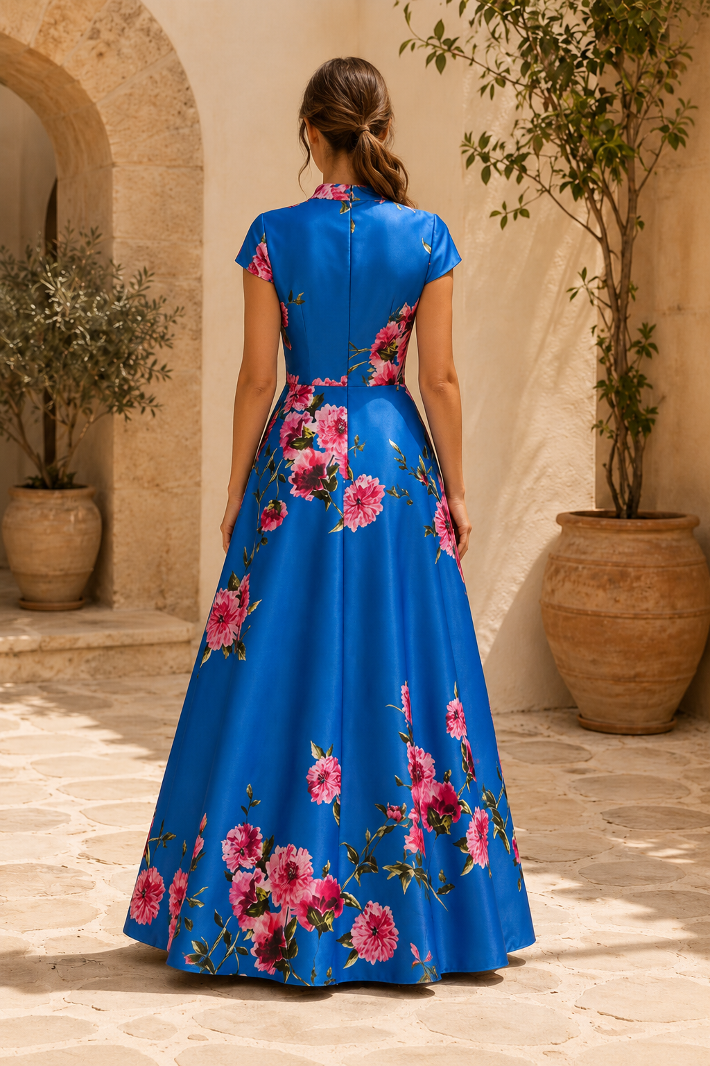 Satin-Maxikleid in A-Linie mit Blumenmuster und Flügelärmeln