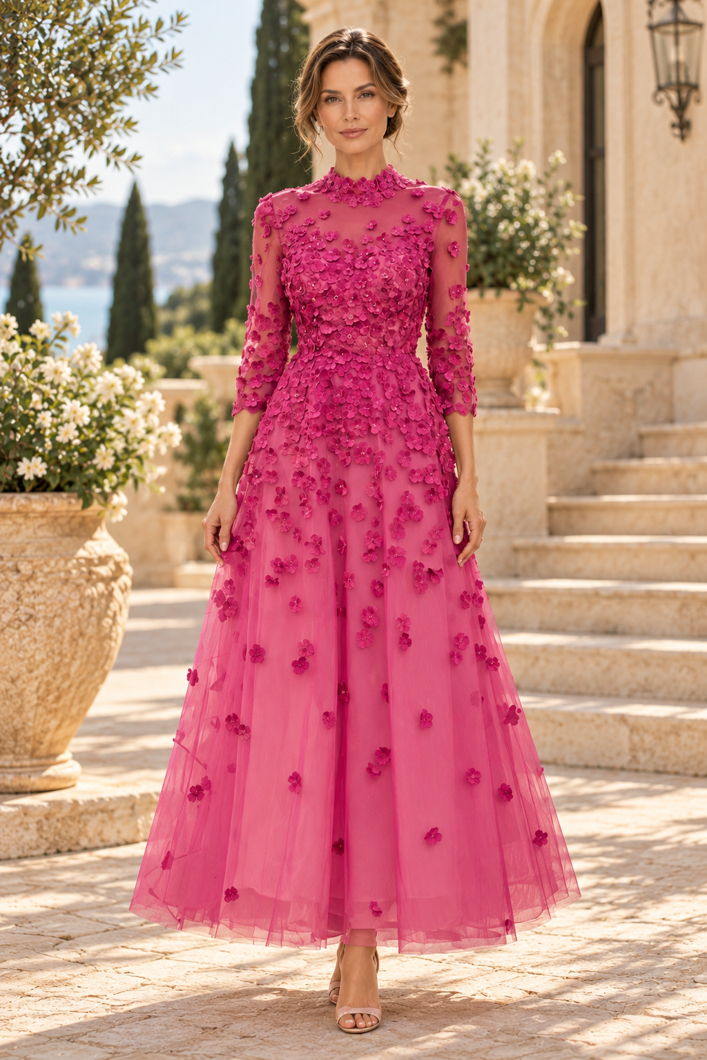 3D Floral Applique Ankle-Length A-Line Dress
