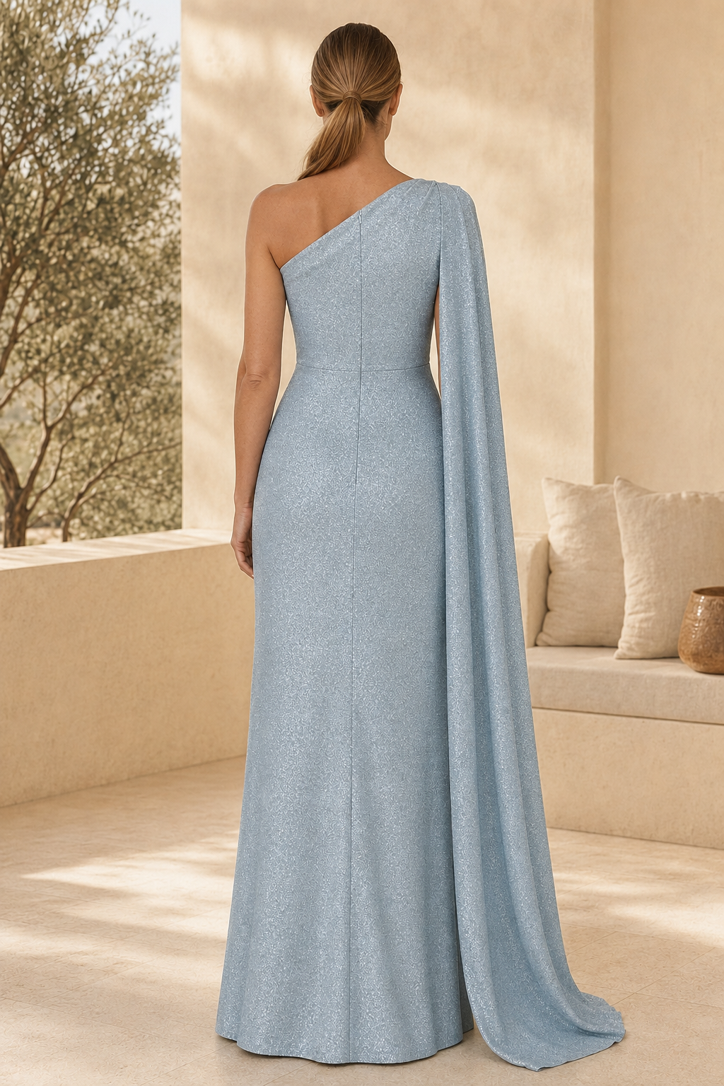 Glitzerndes One-Shoulder-Kleid mit drapiertem Cape