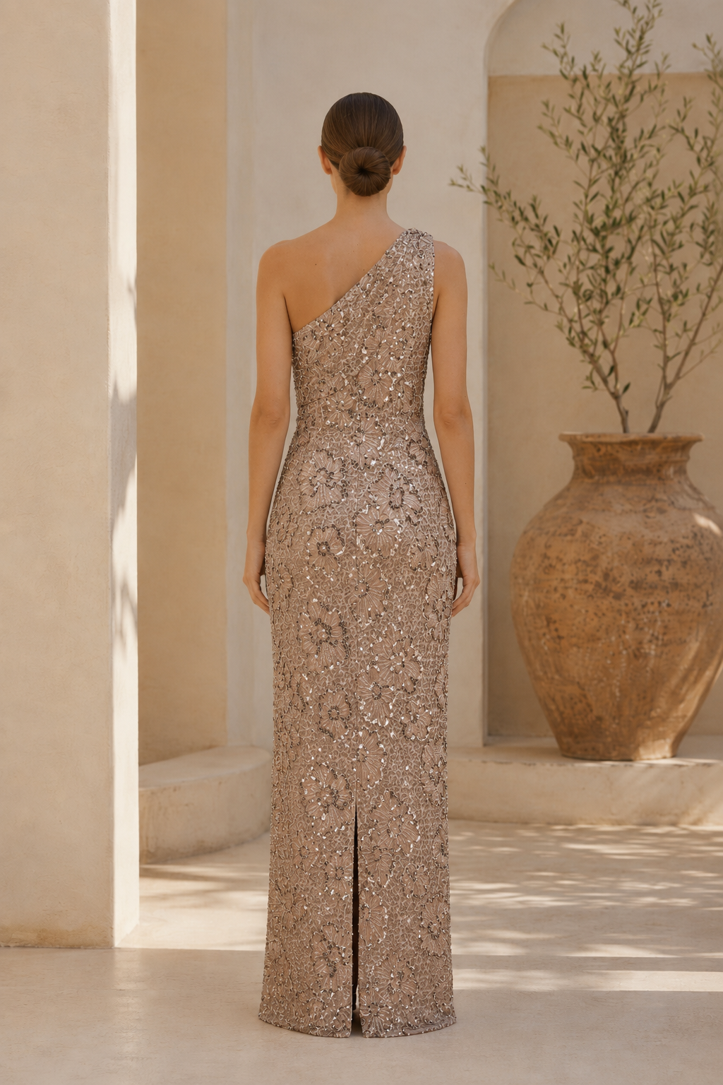 Ein-Schulter-Pailletten-Blumen-Scheiden-Abendkleid