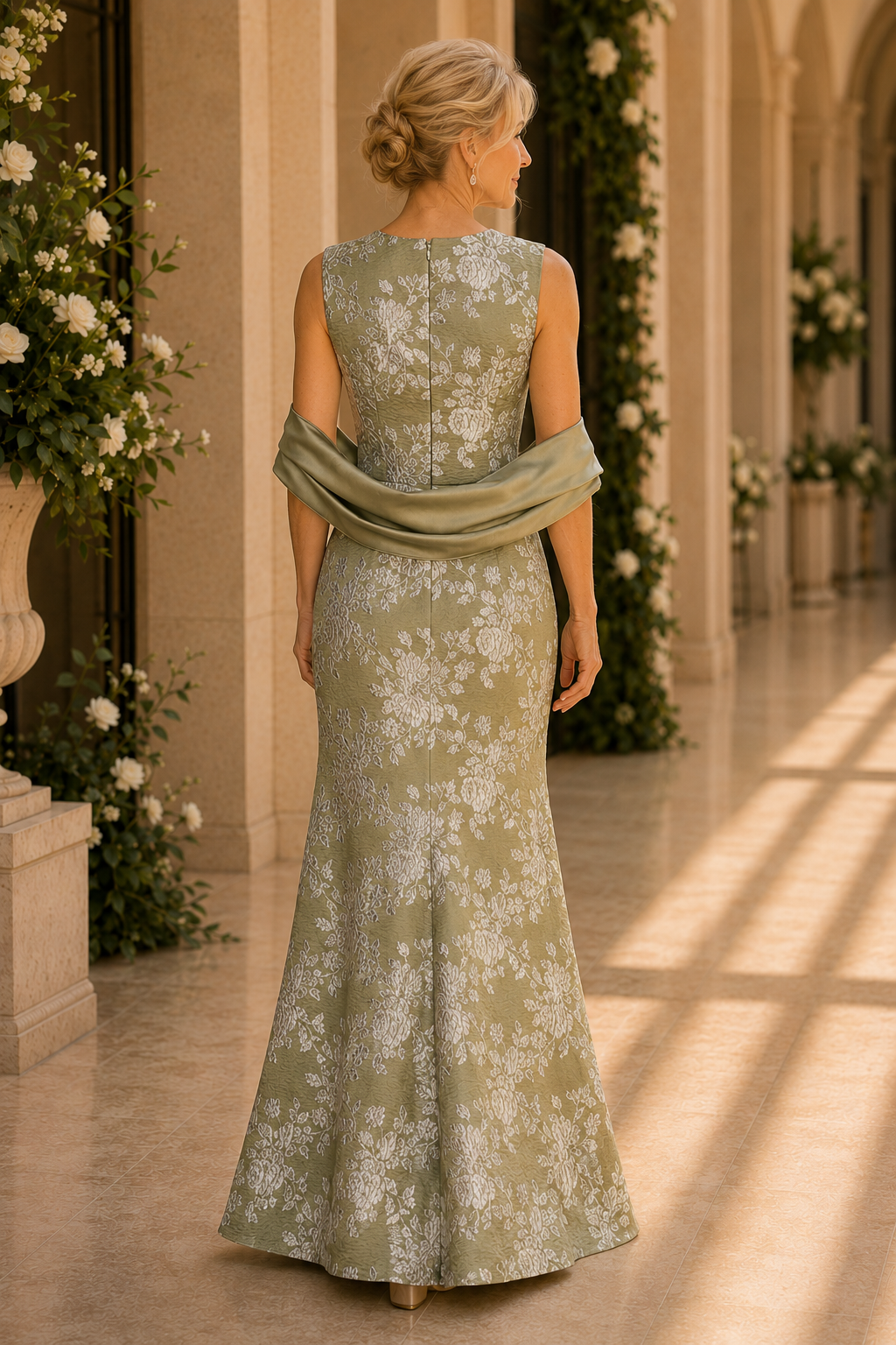 Ärmelloses Trompetenkleid aus floralem Jacquard mit Schal
