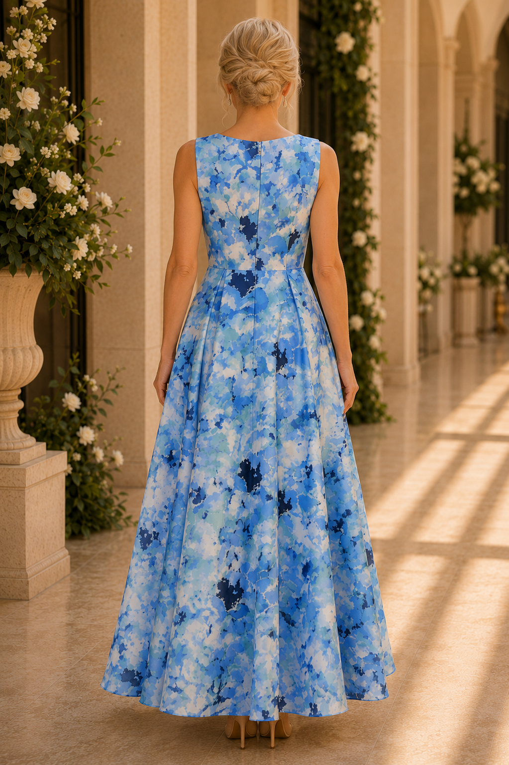 Ärmelloses, plissiertes Kleid mit Blumenmuster und Bateau-Ausschnitt