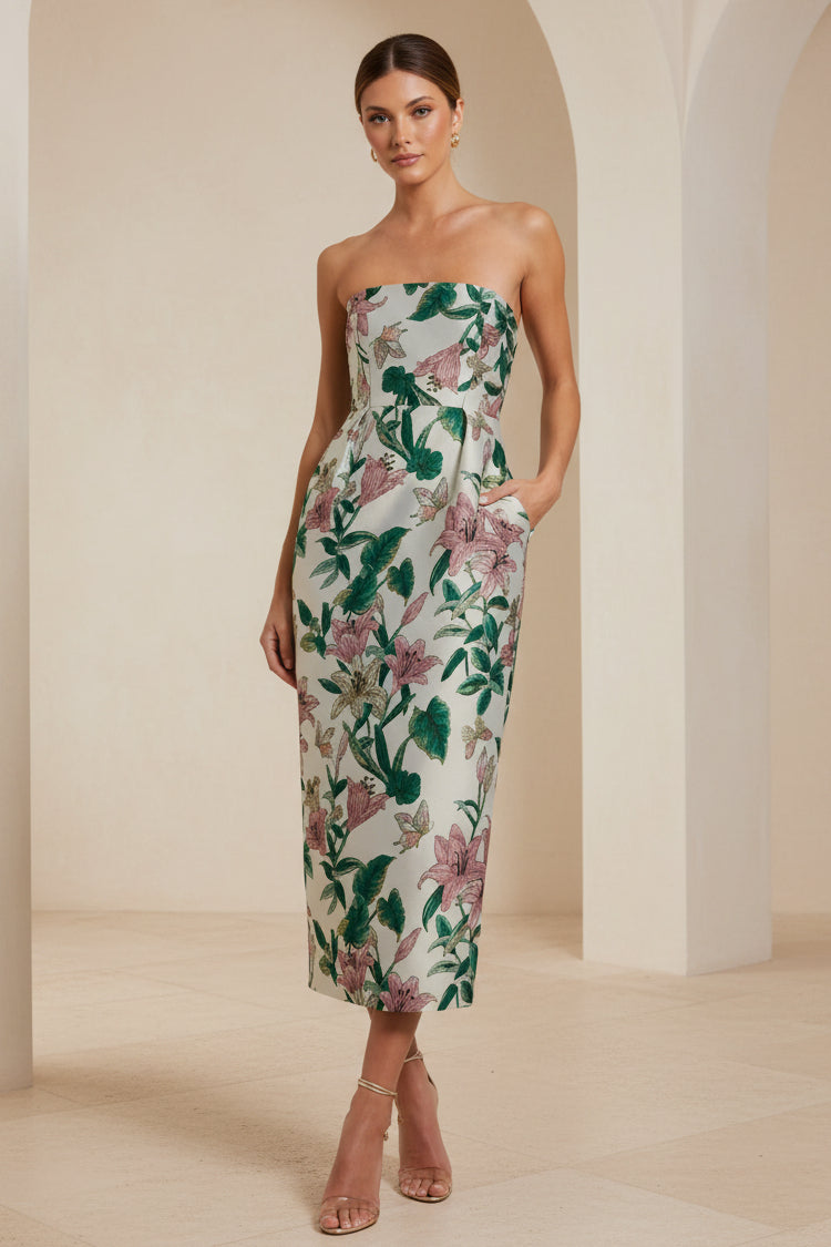 Trägerloses Jacquard-Midikleid mit Taschen