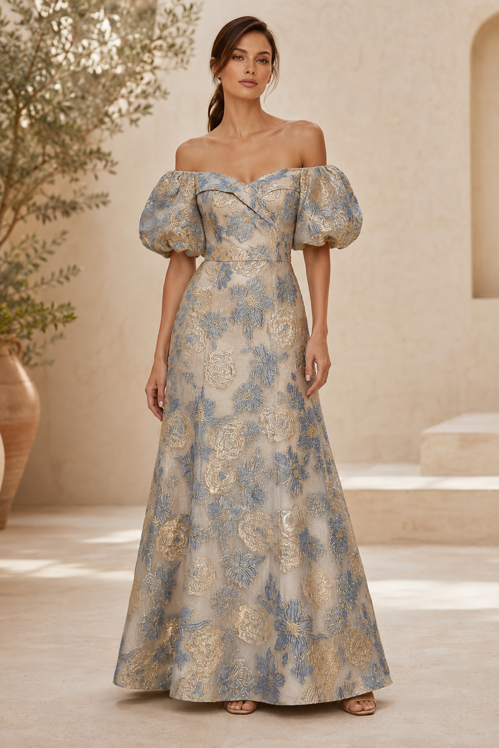 Jacquard-A-Linien-Kleid mit Carmen-Ausschnitt und Puffärmeln