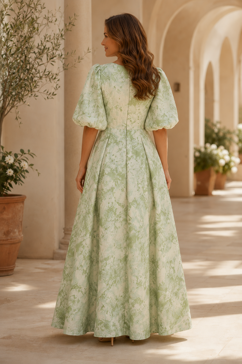 Geblümtes Maxikleid mit Puffärmeln und Falten im A-Linien-Schnitt