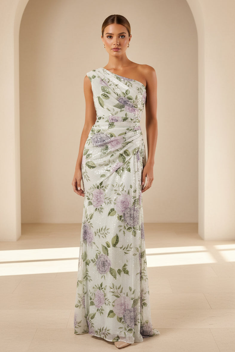 Ein-Schulter-Kleid mit Raffung, Blumenmuster und Pailletten