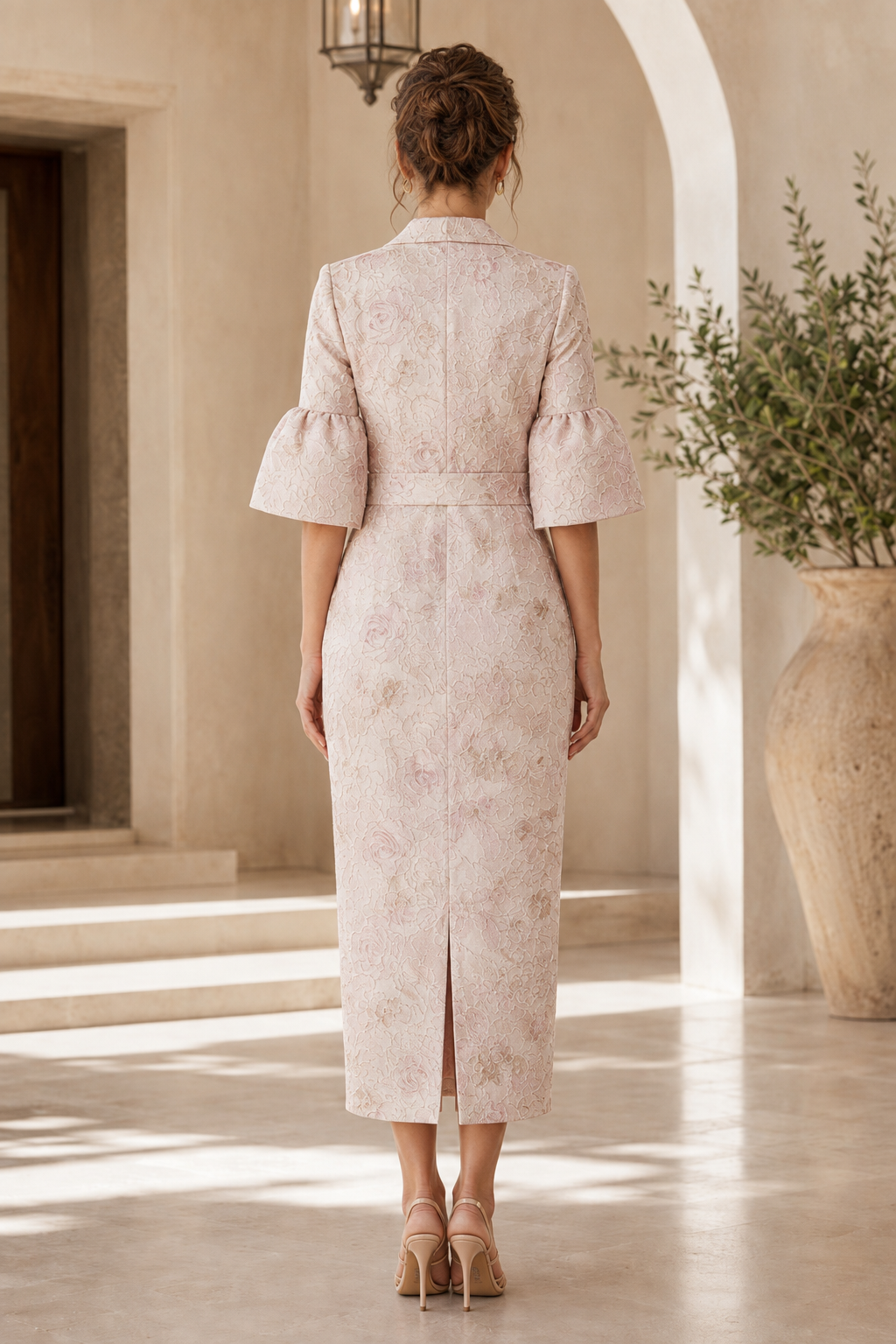 Blumen-Jacquard-Midikleid mit Glockenärmeln