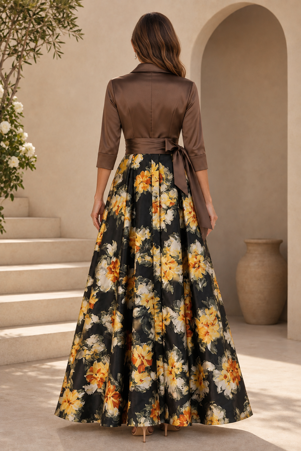 Collared Floral Satin A-Line Evening Gown
