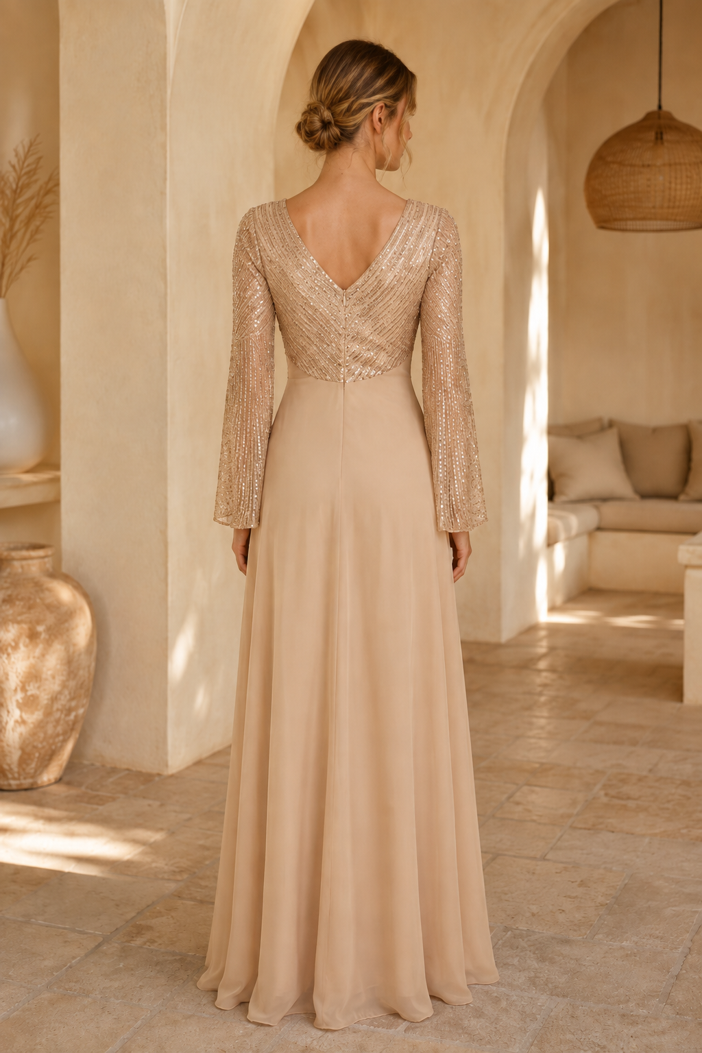 Pailletten-A-Linien-Kleid mit V-Ausschnitt und langen Ärmeln