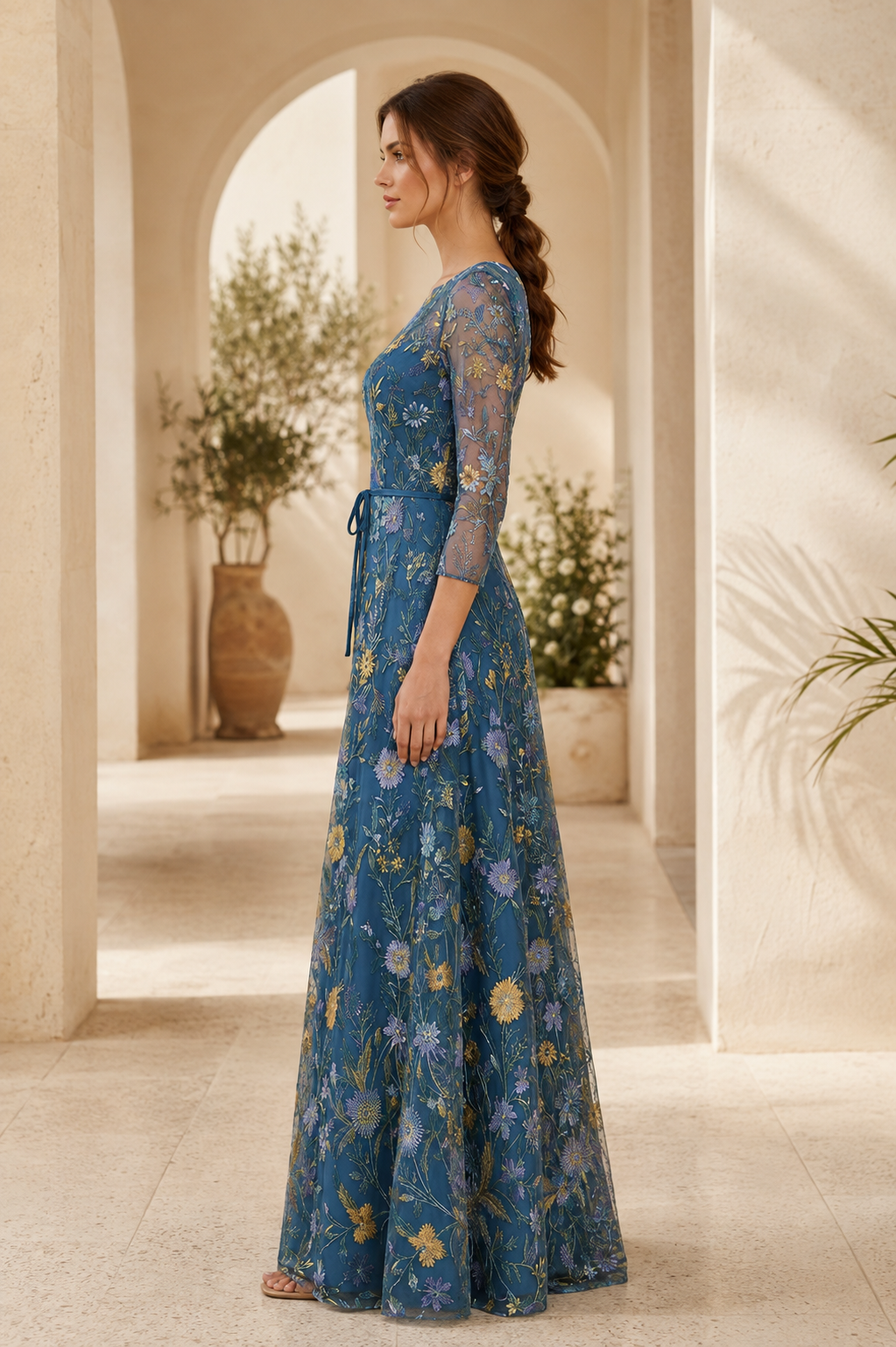 Abendkleid mit floraler Stickerei, Illusionsärmeln und A-Linie