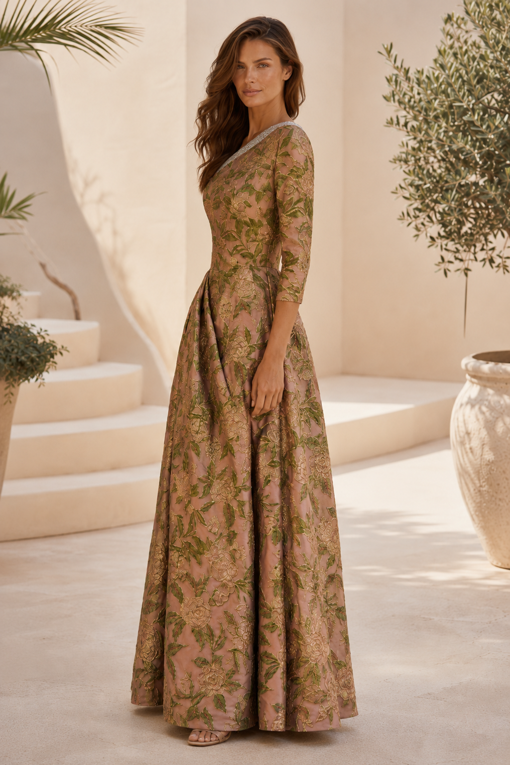 Geblümtes Jacquard A-Linien-Kleid mit 3/4-Ärmeln