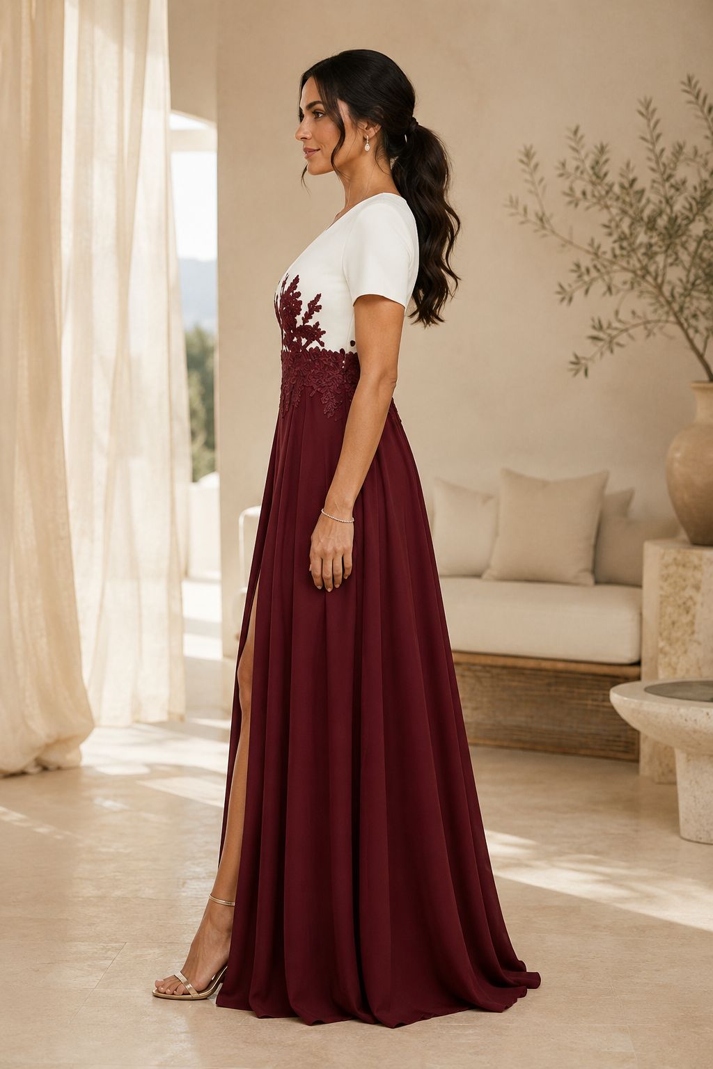 Zweifarbiges Abendkleid mit V-Ausschnitt, Spitzendetail an der Taille und seitlichem Schlitz