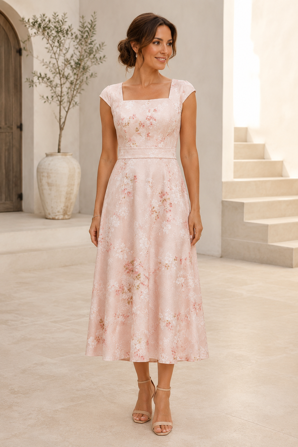 Florales Jacquard-Midi-Kleid mit Kappenärmeln