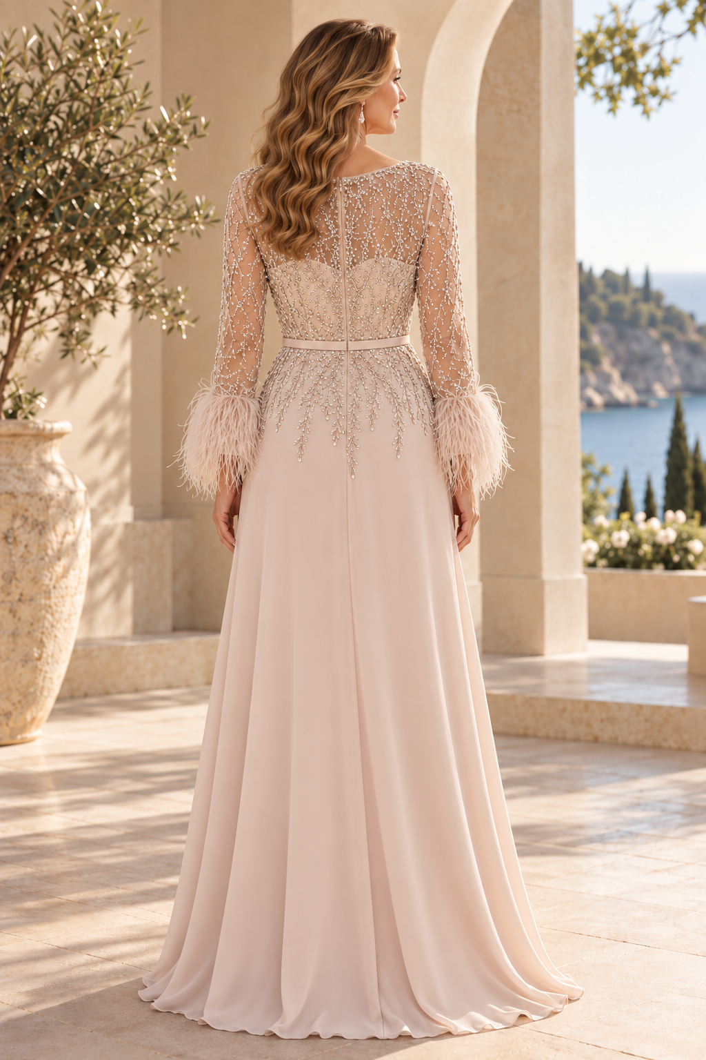 Beaded Feather-Cuff A-Line Gown