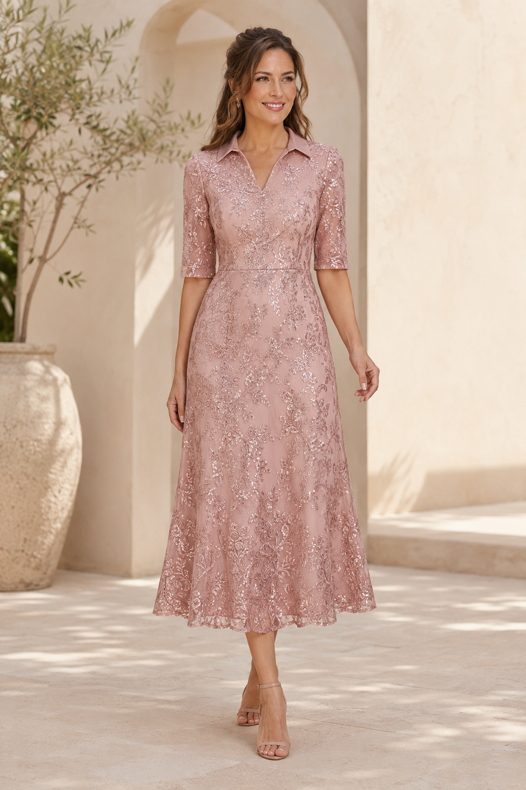 Midi-A-Linien-Kleid aus Spitze mit Kragen und Ellenbogenärmeln