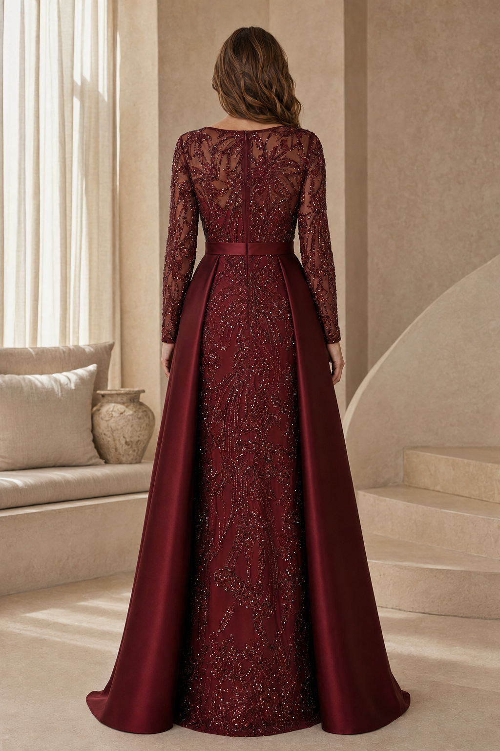 Perlenbesetztes langärmliges Kleid mit Satin-Überrock