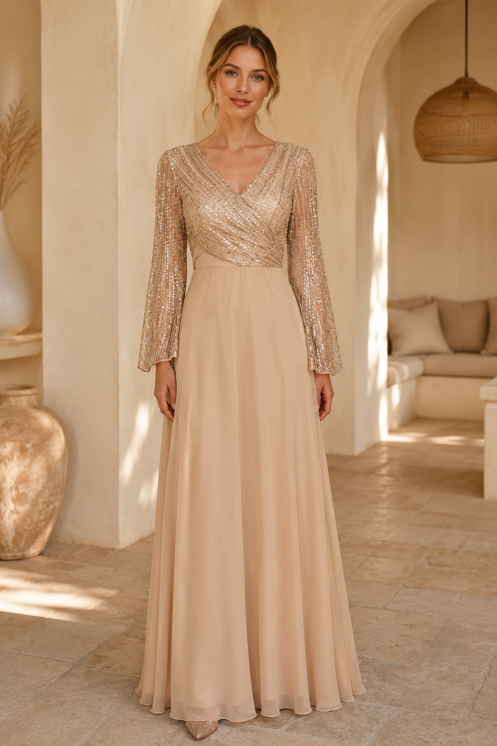 Pailletten-A-Linien-Kleid mit V-Ausschnitt und langen Ärmeln
