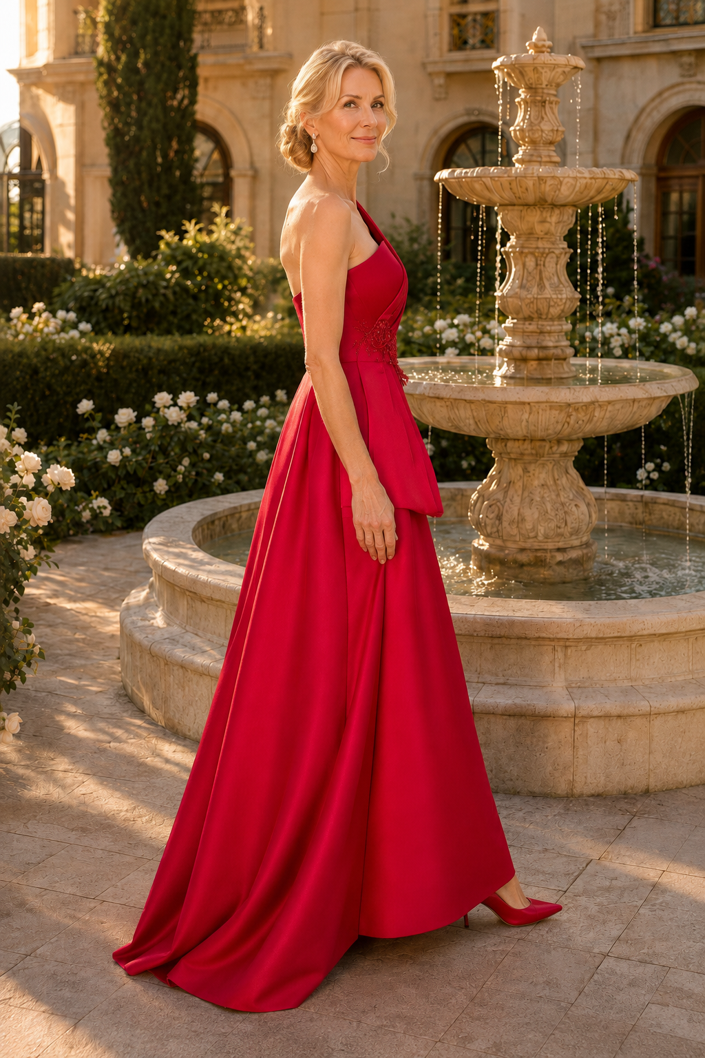 Ärmelloses Abendkleid aus plissiertem Satin mit A-Linie und One-Shoulder-Träger