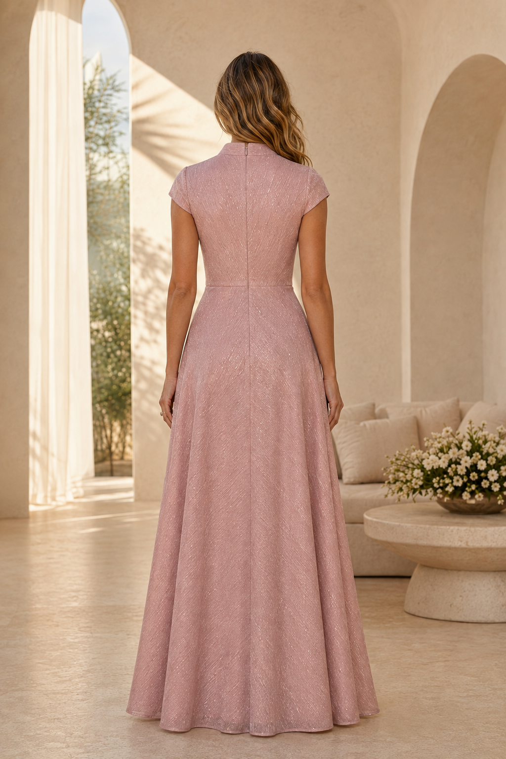 Geknöpftes V-Ausschnitt-Kleid in A-Linie mit Rüschen