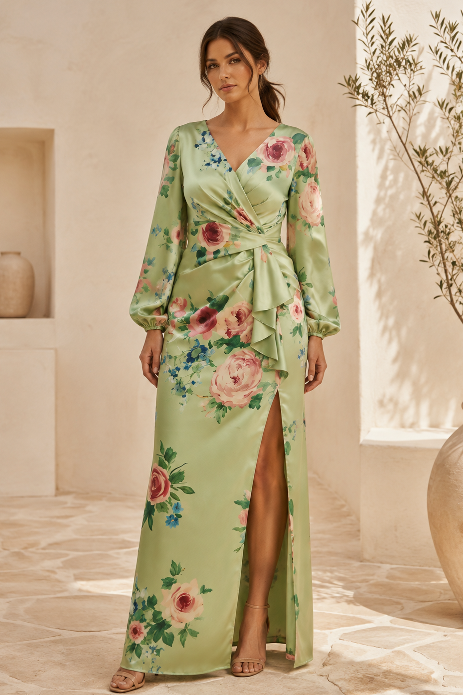 Florales Satin-Maxikleid mit langen Ärmeln und Schlitz