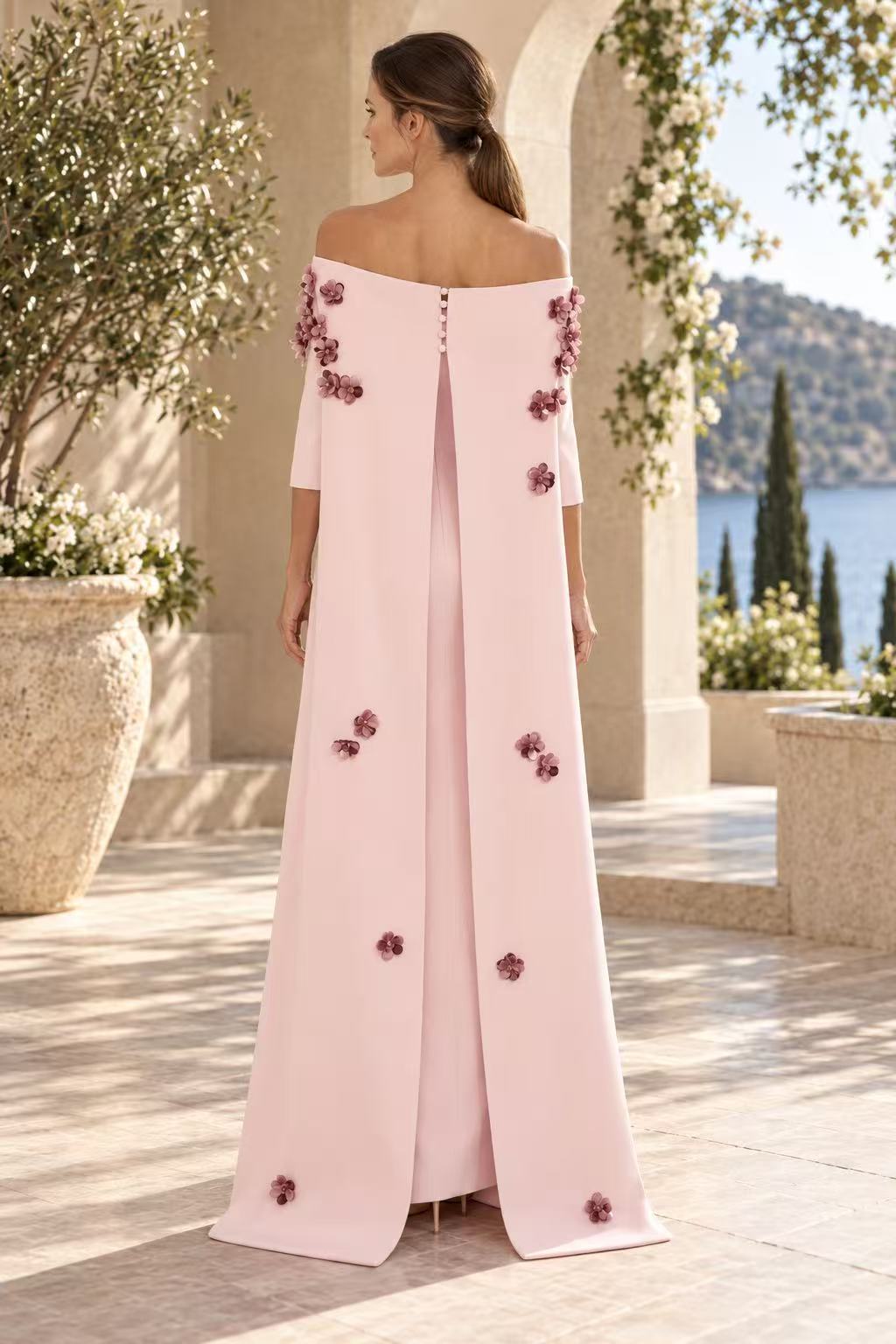 Off-the-Shoulder Cape Back Gown with 3D Flowers
