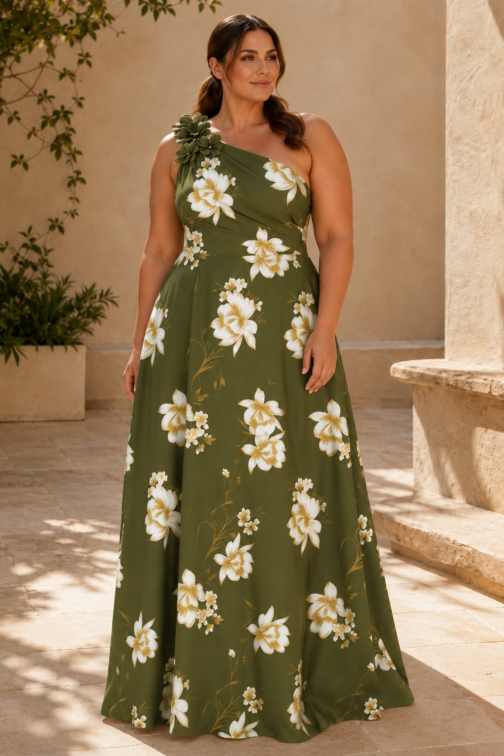 Einachsige, geblümte Satin-A-Linien-Robe