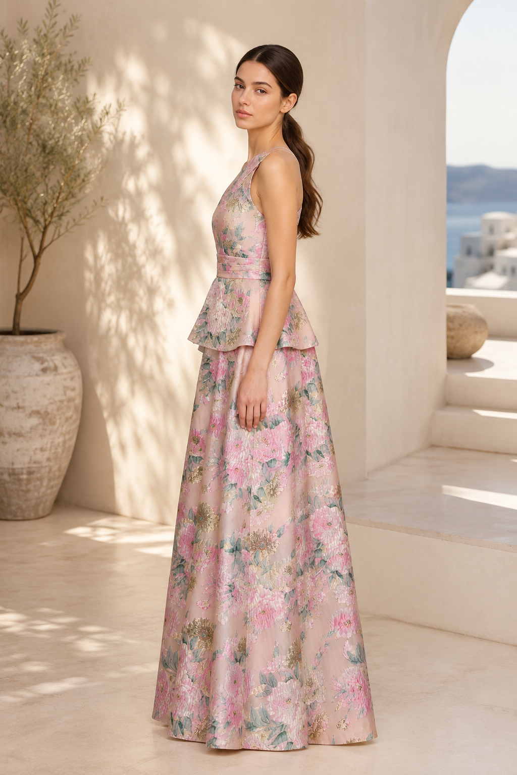 Ärmelloses Blumen-Jacquard-Kleid mit Schößchen