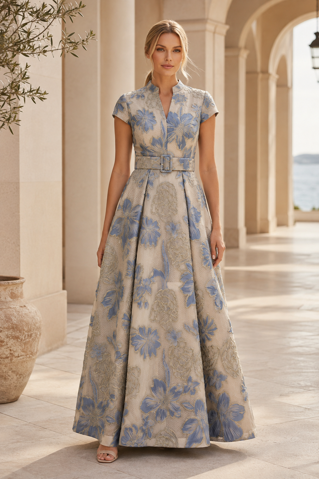 Geblümtes Jacquard A-Linien-Kleid mit Gürtel