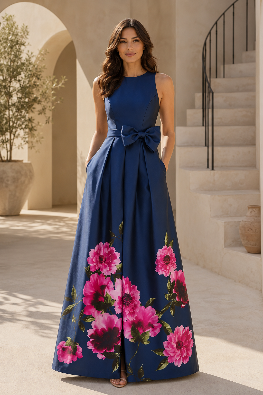 Blumendruck Abendkleid mit Schleifengürtel in A-Linie