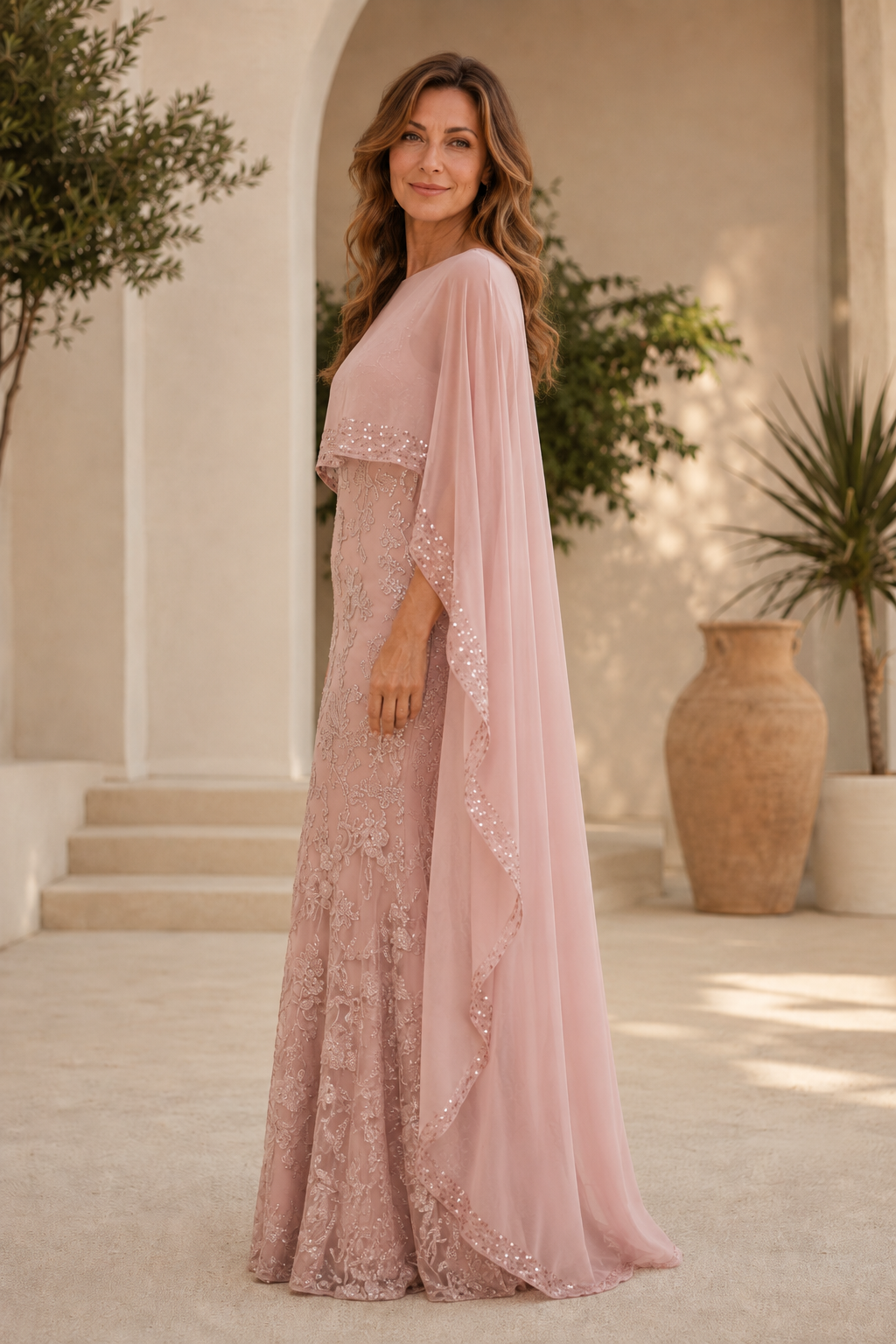 Besticktes Pailletten-Abendkleid mit Capelet