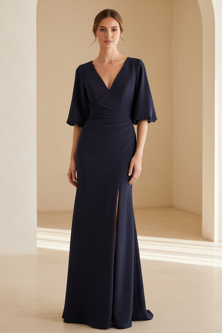V-Ausschnitt Halbarm Crêpe Trompetenkleid mit Schlitz