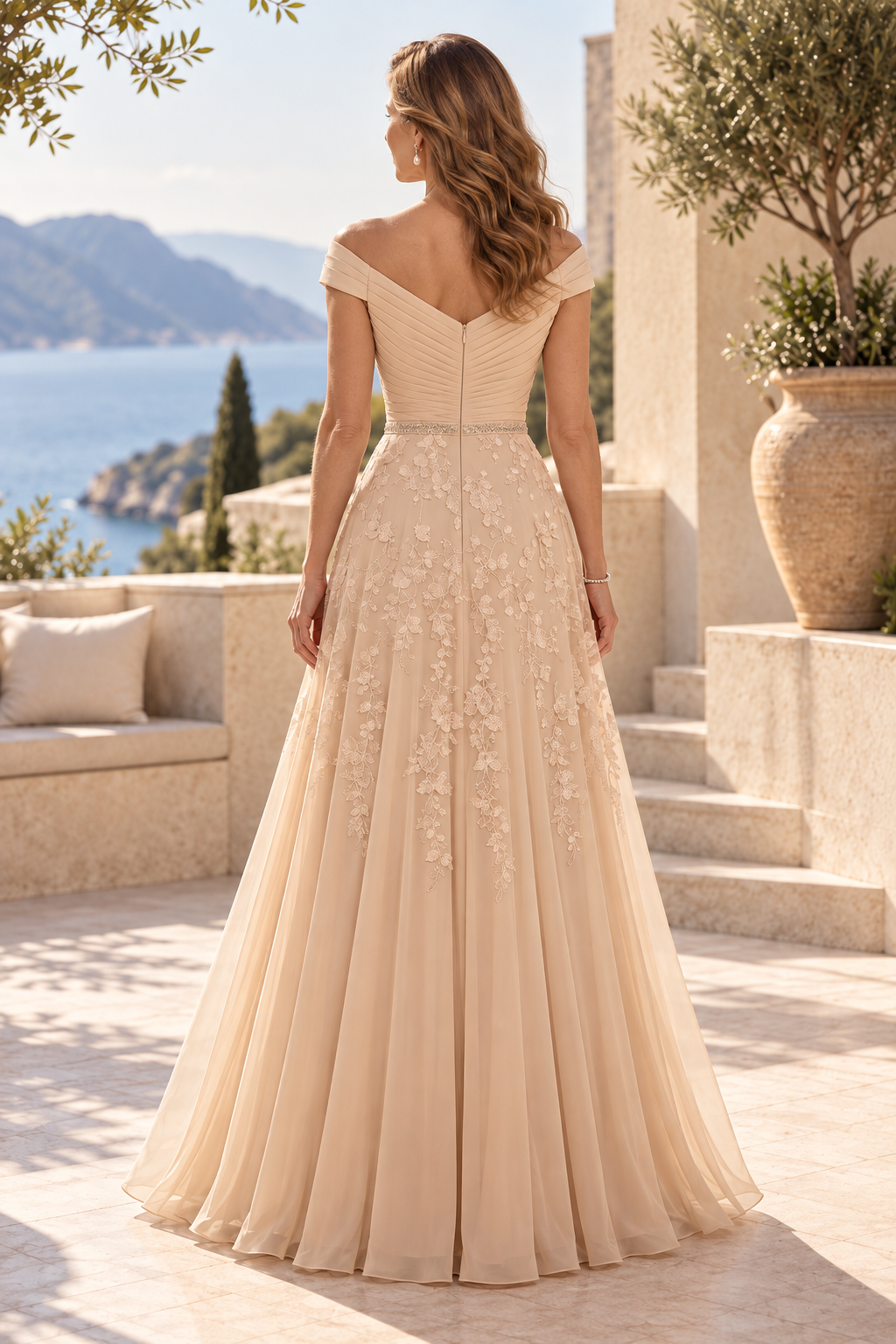 Off-the-Shoulder Pleated A-Line Gown with Appliques