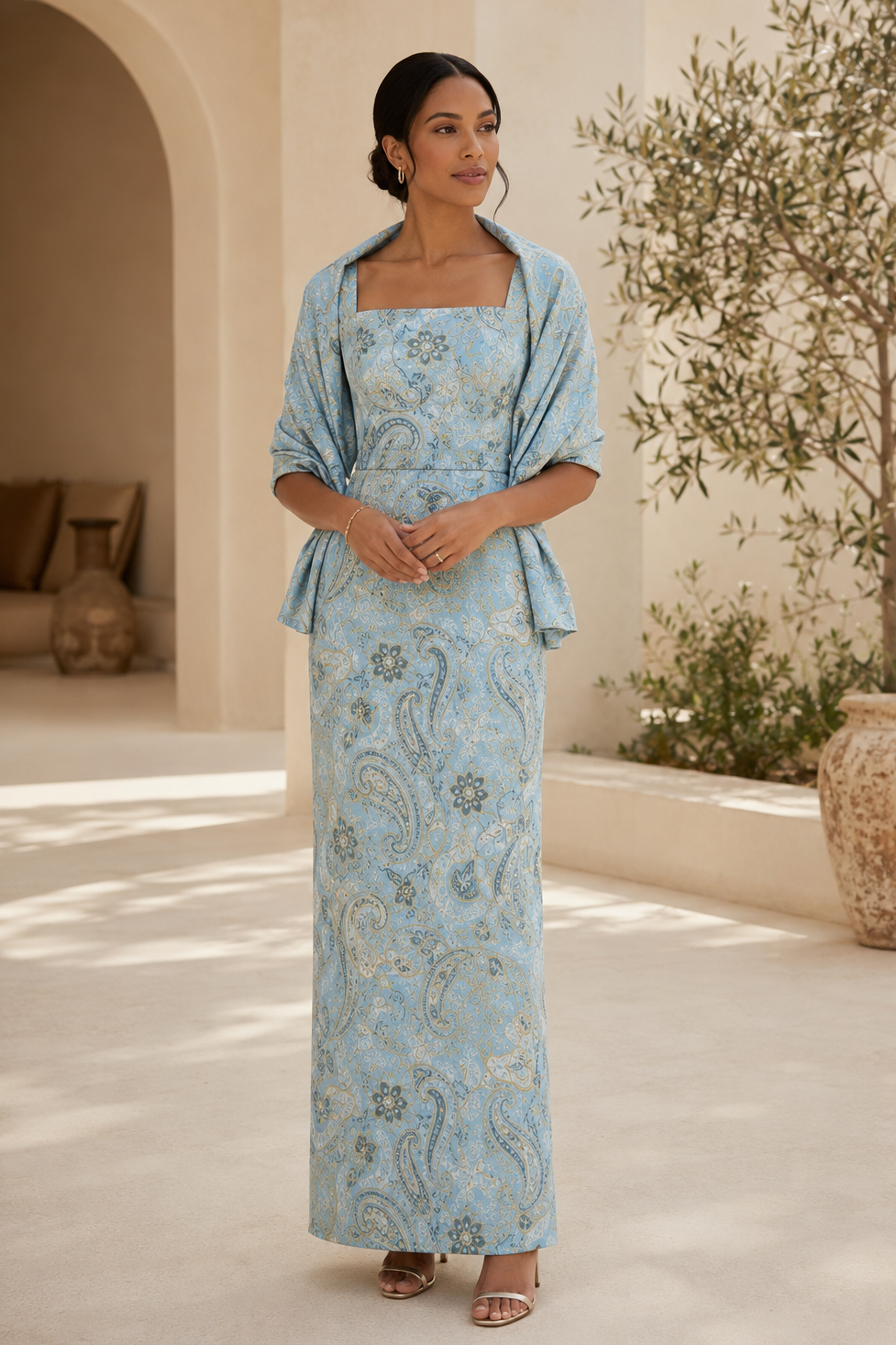 Säulenkleid aus Paisley-Jacquard mit Stola