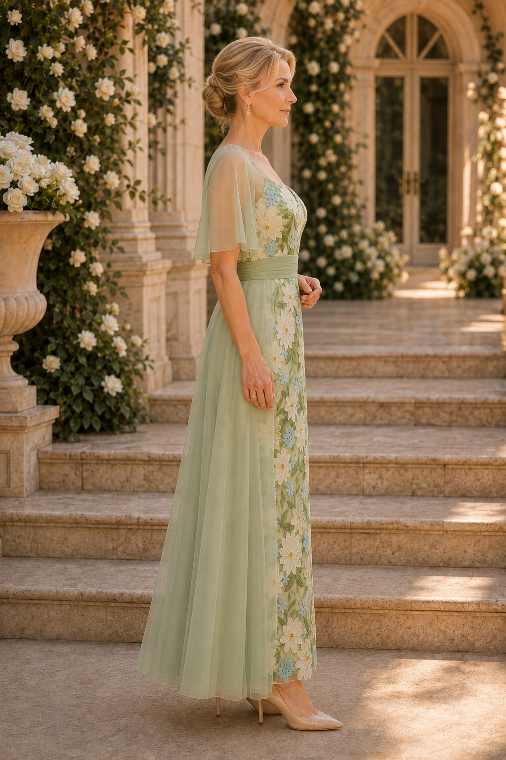 Geblümtes, besticktes A-Linien-Kleid mit Flatterärmeln