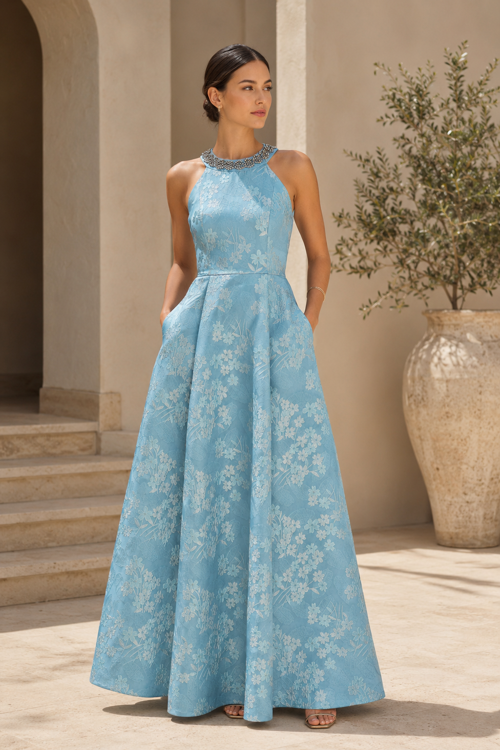 Florales Jacquard-Abendkleid mit Neckholder und A-Linie