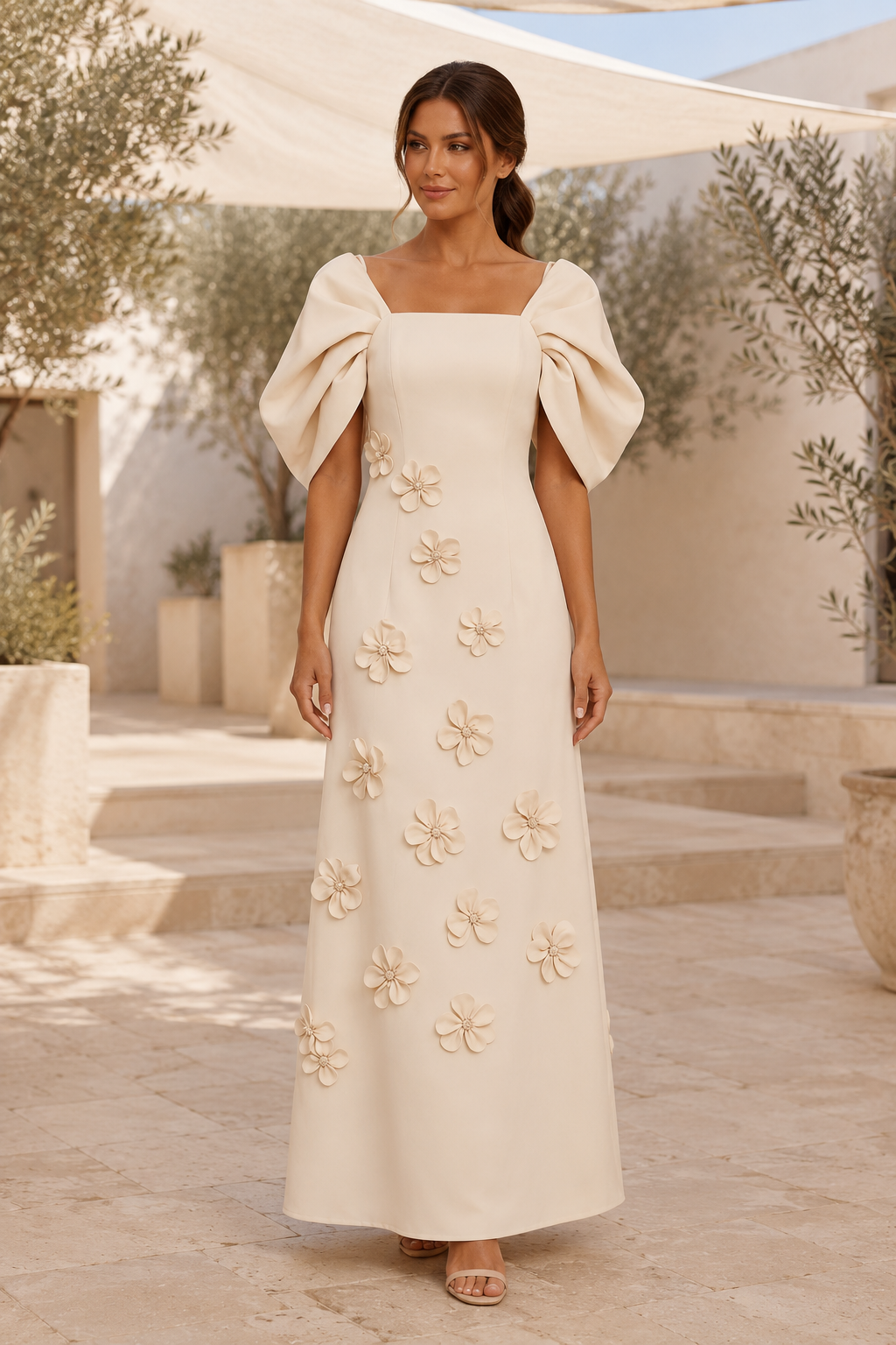 A-Linien-Kleid mit eckigem Ausschnitt, Puffärmeln und 3D-Blumen