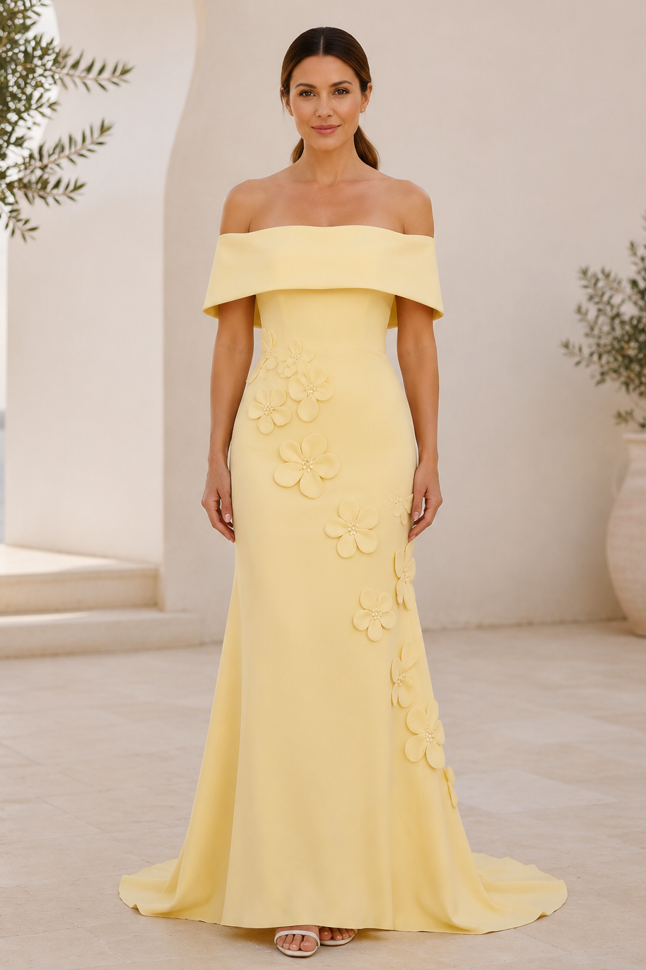 Schulterfreies Meerjungfrauenkleid mit floralen 3D-Applikationen