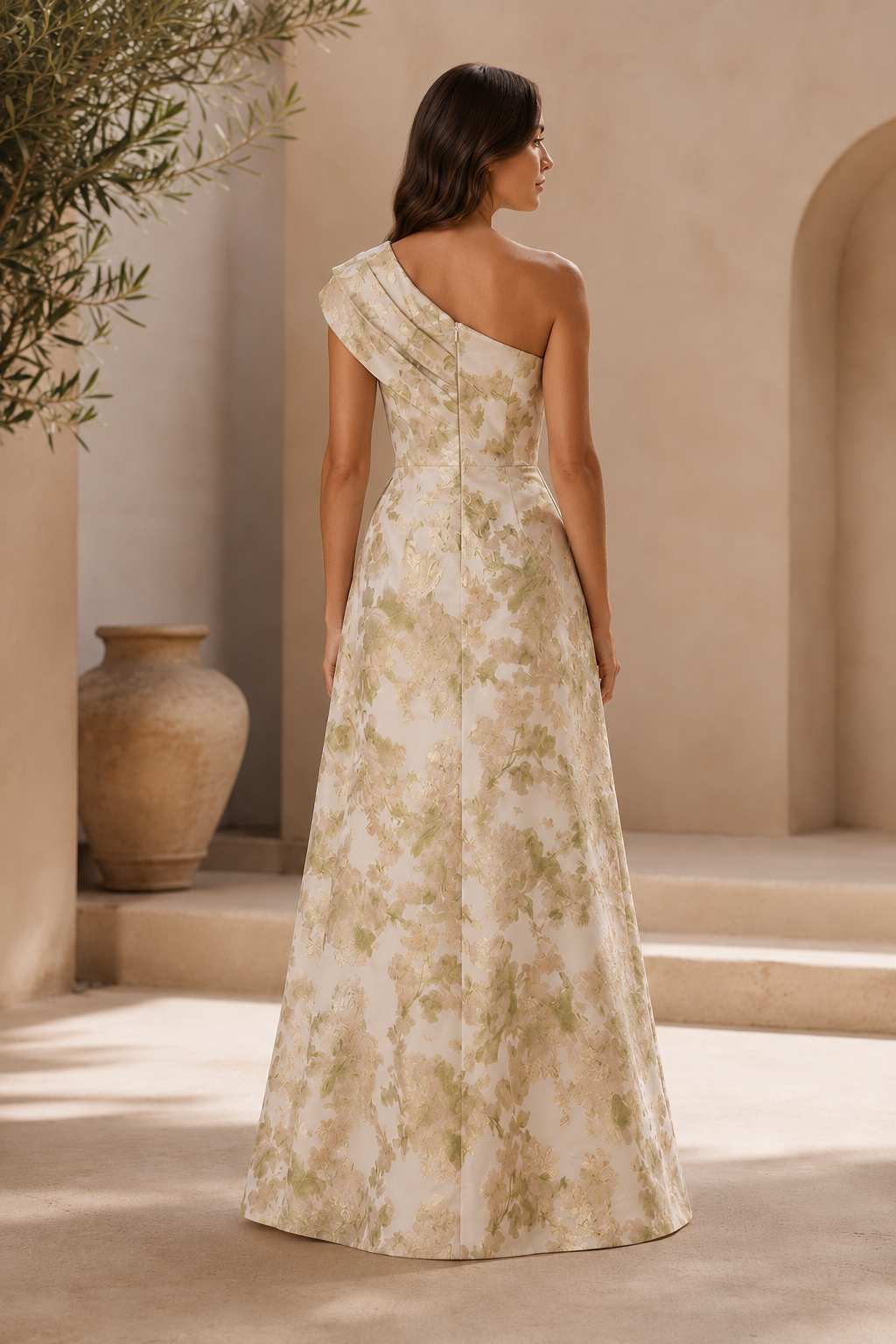 One-Shoulder-Abendkleid mit Blumen-Jacquard in A-Linie