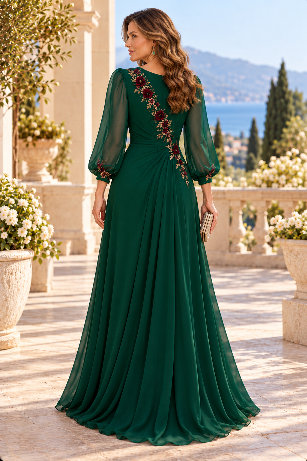 Embroidered Floral V-Neck A-Line Gown