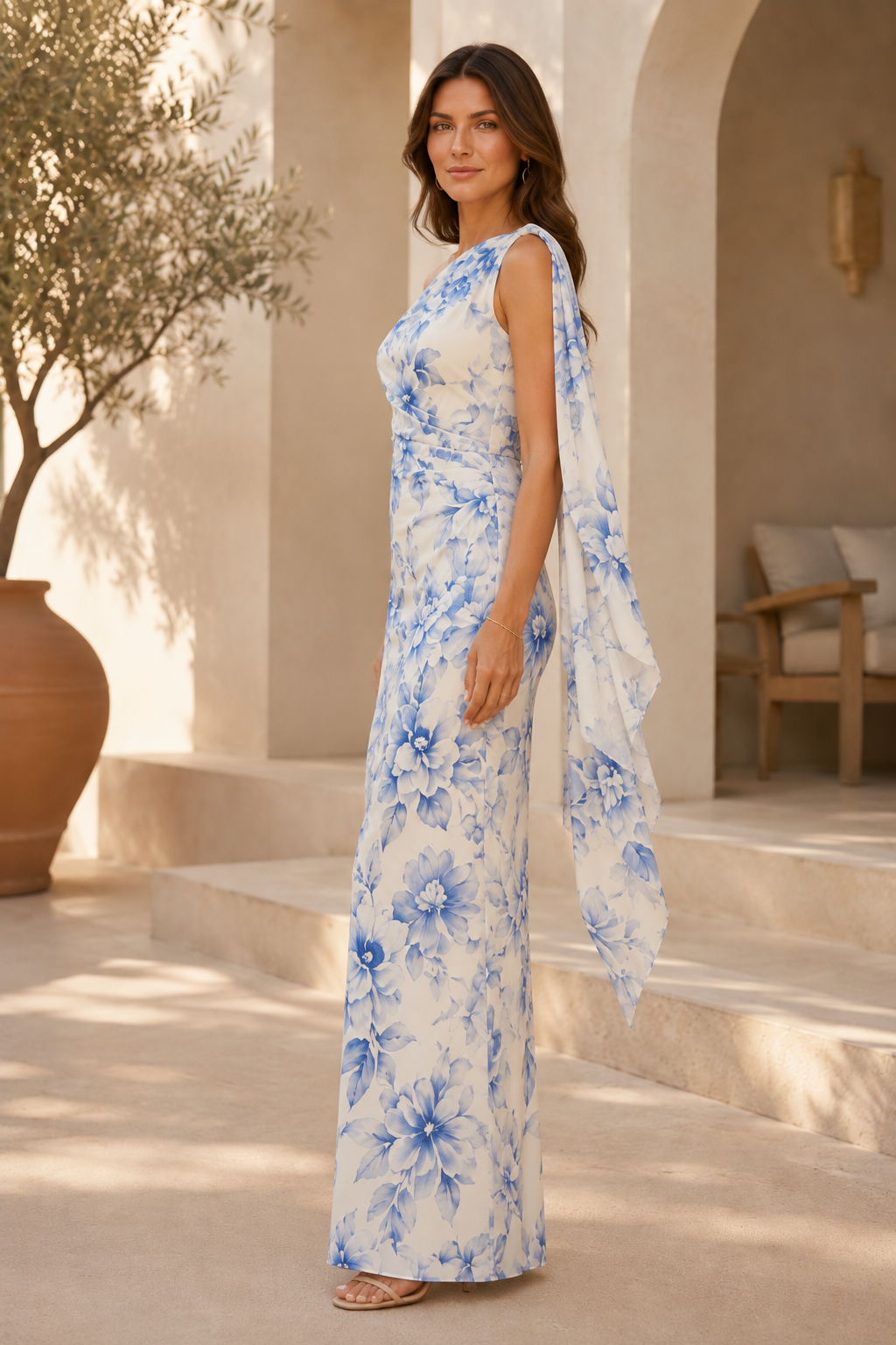 One-Shoulder-Abendkleid mit Blumenmuster und drapierter Schärpe